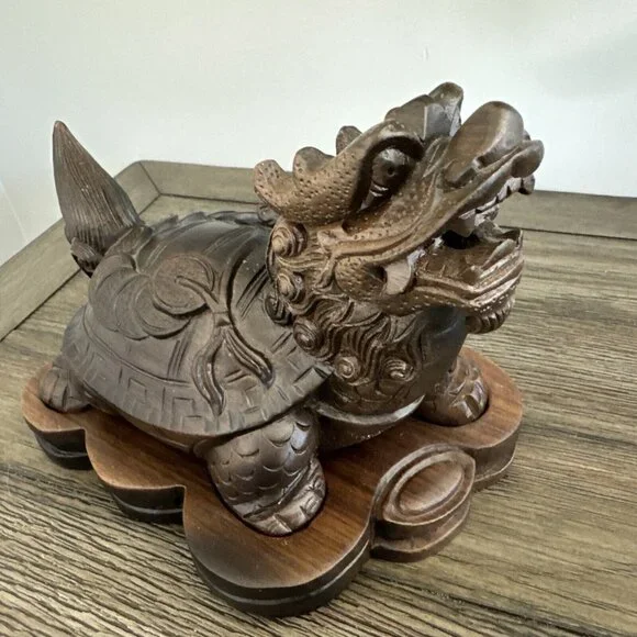 Smoking Dragon Tortoise Turtle Beast Hand Carved Boxwood Wealth Statue Sculpture - Picture 2 of 16